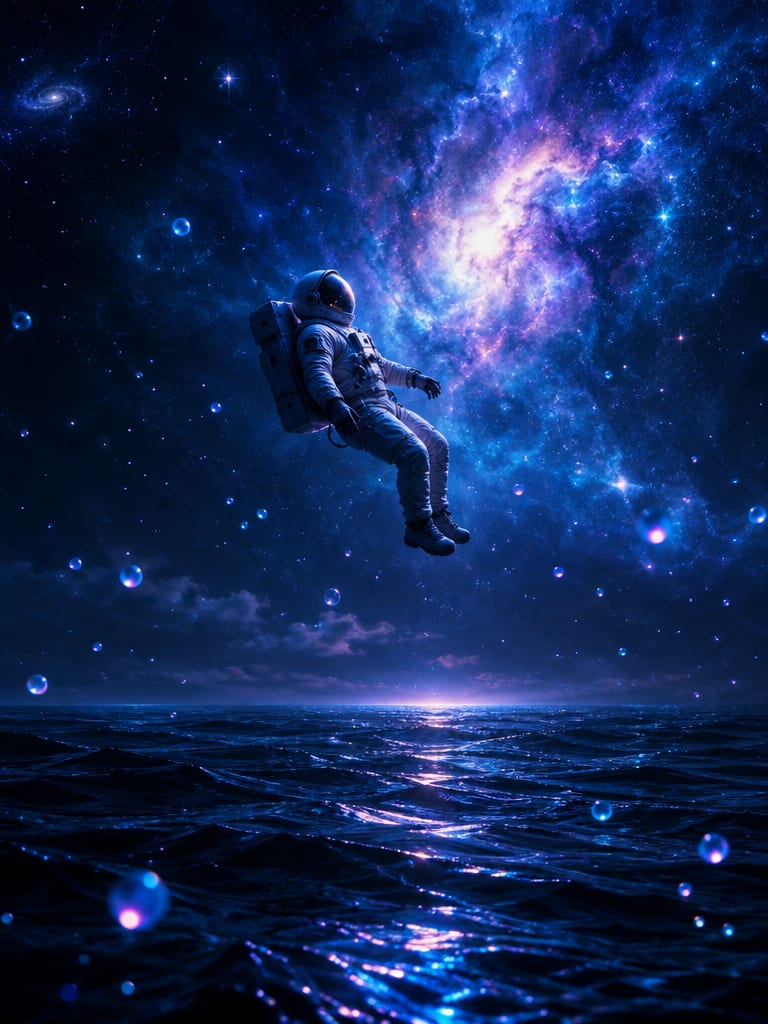 Galaksinin altında gece okyanusunun üzerinde süzülen astronot, parlayan baloncuklar, sinematik ışık